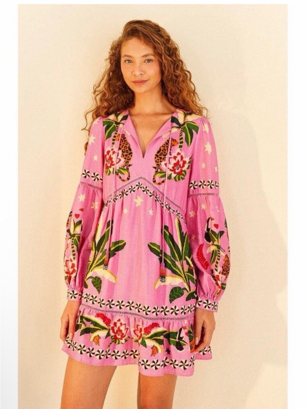 Farm Rio Leopard Forest Long-Sleeve Tiered Mini Dress XS NWT